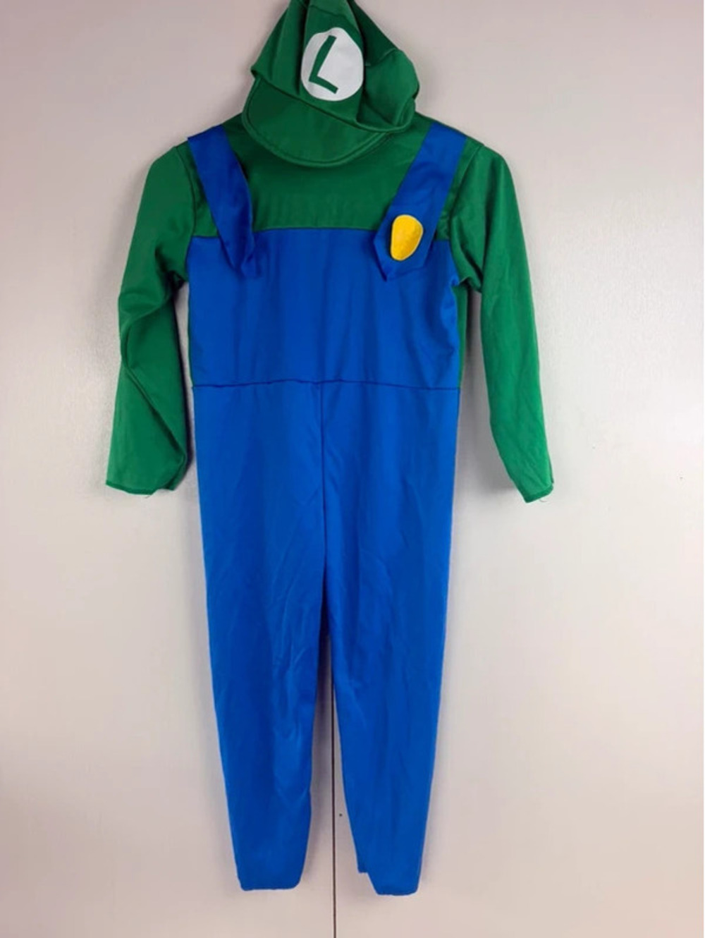 Luigi Super Mario Bros Kids Halloween Costume Hat Green Blue Cosplay size 8-10